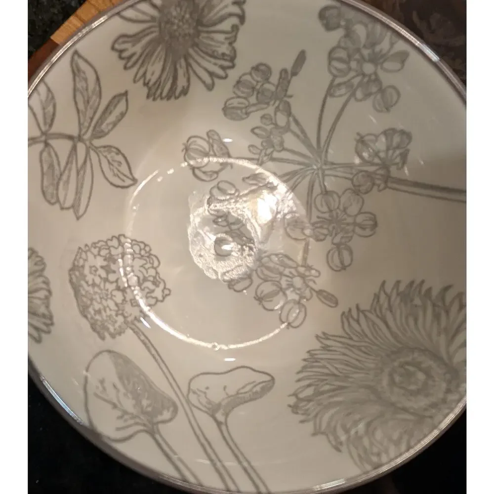 Stoneware Botanical Bowls, Set of 4, New, Silvery Steel Gray!